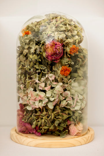 Cúpula con hortensias secas y peonías - El Taller de Lucia